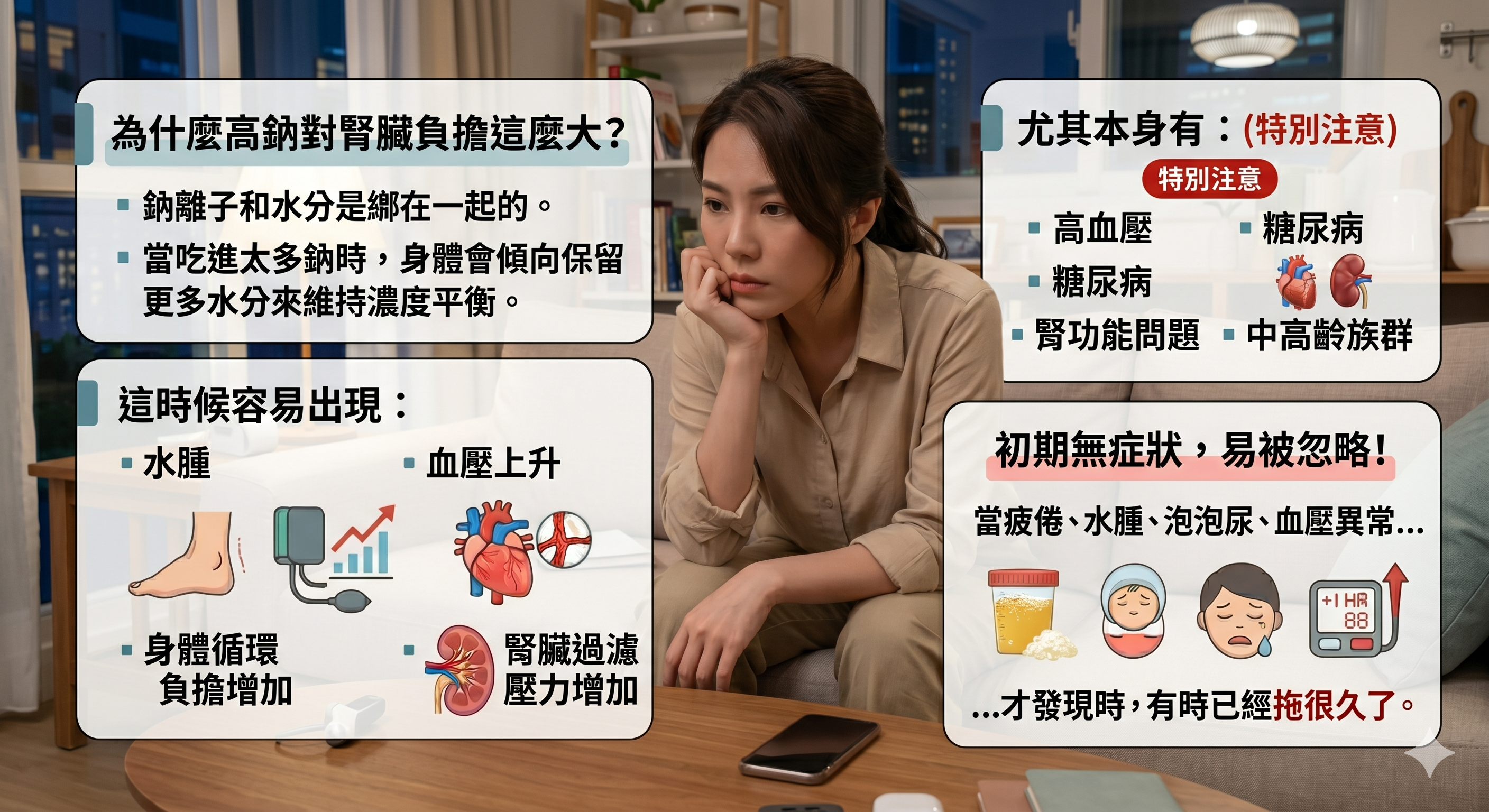 為什麼高鈉對腎臟負擔這麼大？鈉離子和水分是綁在一起的。 當吃進太多鈉時，身體會傾向保留更多水分來維持濃度平衡。